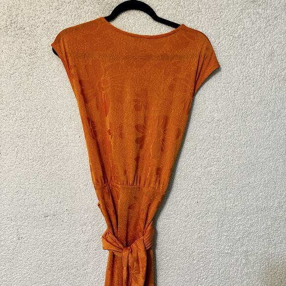 Zara Orange Floral Cap Sleeve Tie‎ Waist Stretch Midi Dress Sz M - Picture 10 of 16